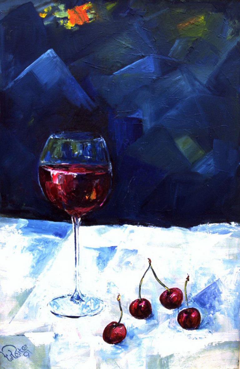 EIN GLAS WEIN IN MEINEM GARTEN - A Glass Of Wine In My Garden - Öl auf Leinwand - 1991 - B 60 cm x H 40 cm